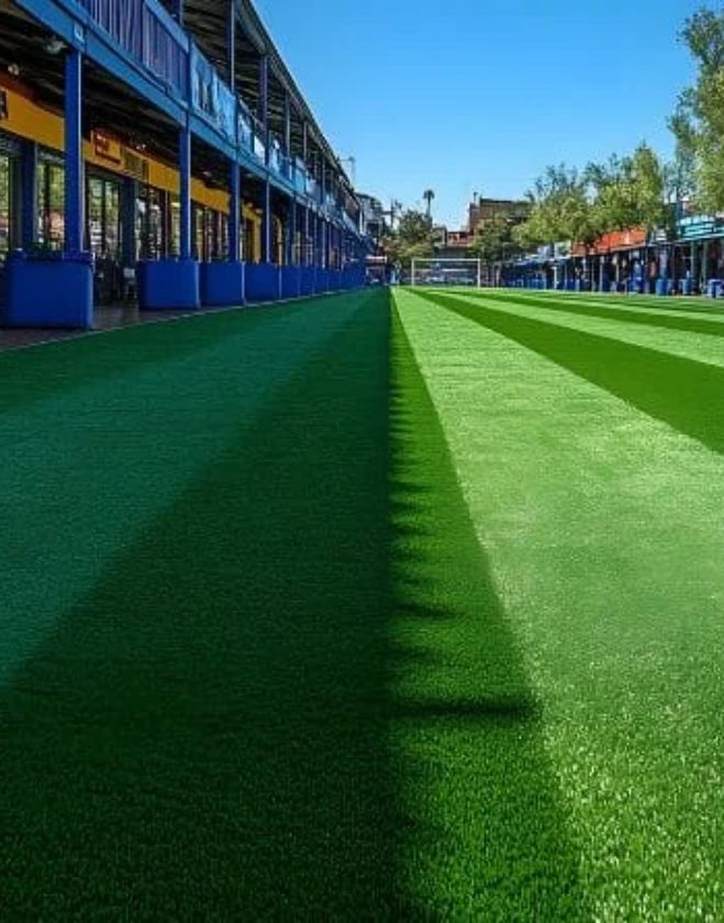 Commercial sod installation 2 A large expanse of perfectly striped, vibrant green turf installed alongside a commercial retail plaza and facility in Hamilton.