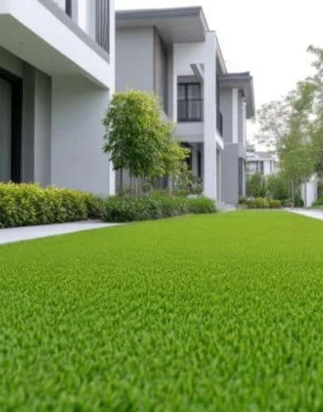 Commercial sod installation 1 Vibrant, freshly installed commercial sod creating a lush green lawn in front of modern townhouses in a Hamilton residential development.