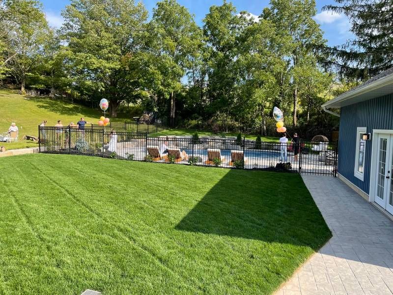 A lush, freshly installed green sod lawn in a large residential backyard, featuring a black metal fence, a swimming pool, and a paved walkway in Hamilton, Ontario.