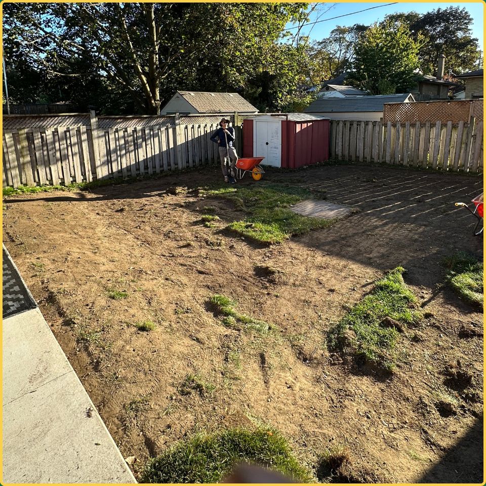 Worker preparing a Hamilton backyard for new sod after tearing out a lawn damaged by grubs