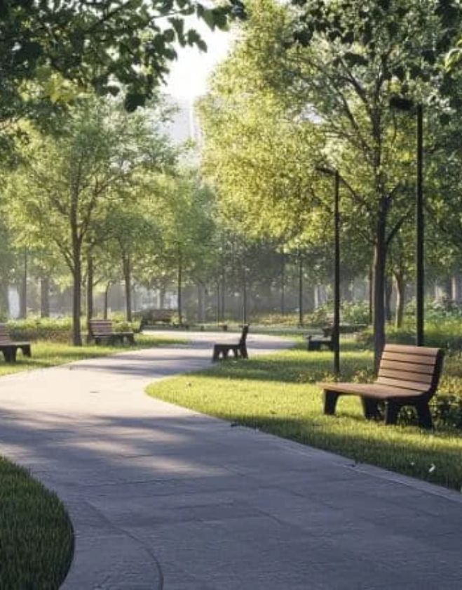 Commercial sod installation 3 A peaceful Hamilton municipal park featuring a winding paved pathway, wooden benches, mature trees, and healthy green sod installed by professional commercial landscapers