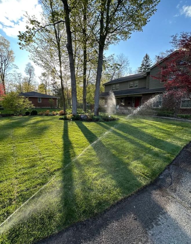 The same residential front yard in Hamilton, now featuring a lush, vibrant green newly installed sod lawn being watered by a sprinkler.