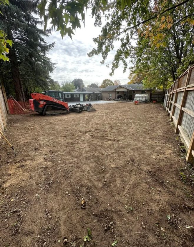 A bare dirt backyard in Hamilton being excavated by a red Kubota machine after severe grub damage completely destroyed the previous lawn.