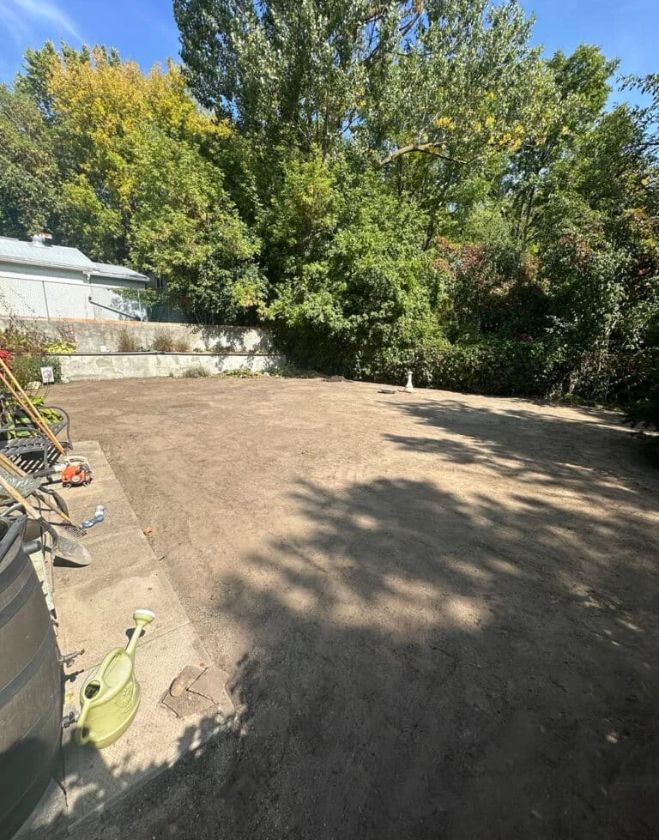 A Hamilton residential backyard showing completely exposed and graded topsoil, highlighting the importance of a healthy, nutrient-rich soil foundation for grass growth.