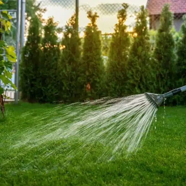 A steady spray of water from a garden hose thoroughly soaking a newly installed, vibrant green lawn in Hamilton.